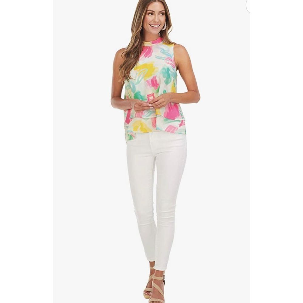 Mud Pie Women’s Painterly Pastel Eleanor Watercolor Two-Tiered Sleeveless Top S